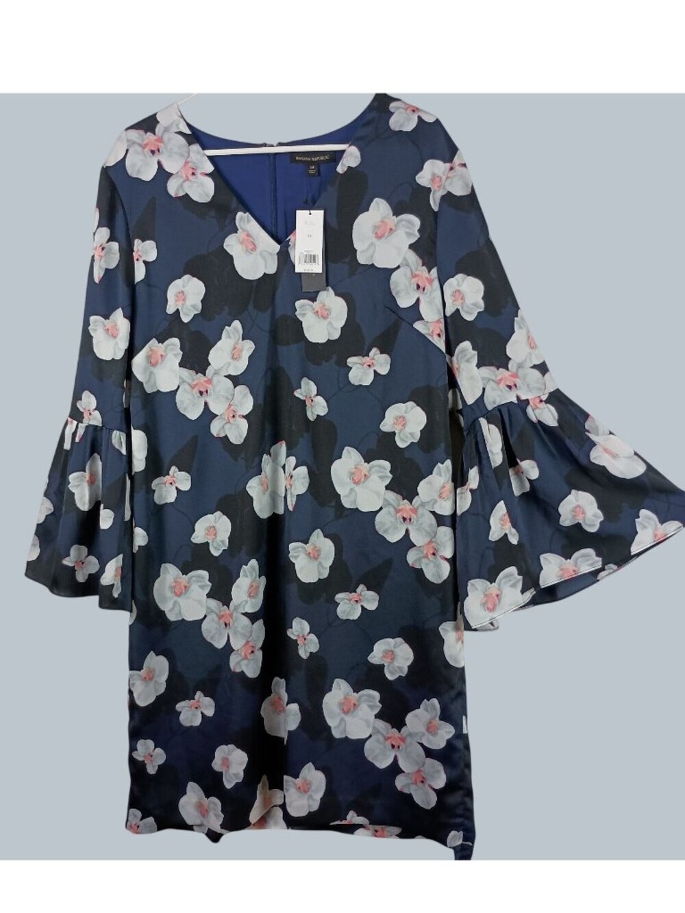 Banana Republic Floral Bell Sleeve Shift Dress Womens 14 NEW Blue Knee Length